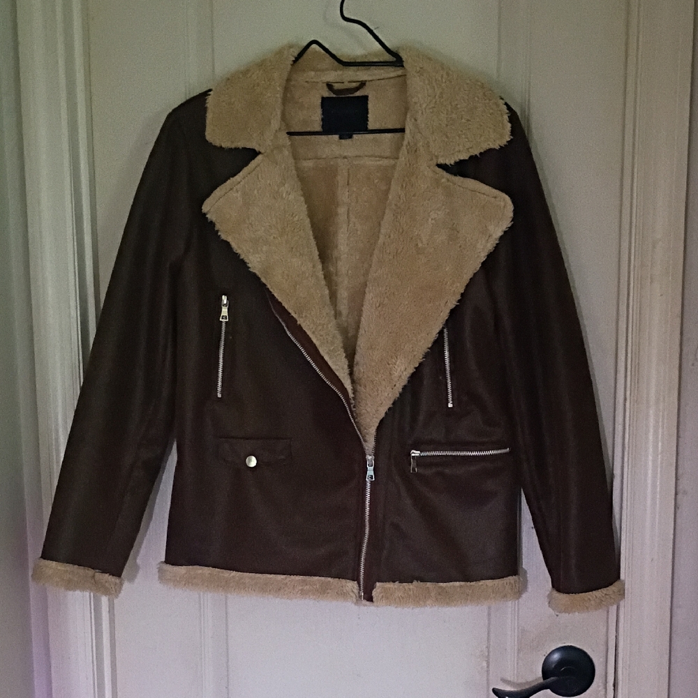 Miss London Brown Teddy Jacket with Cream Accents